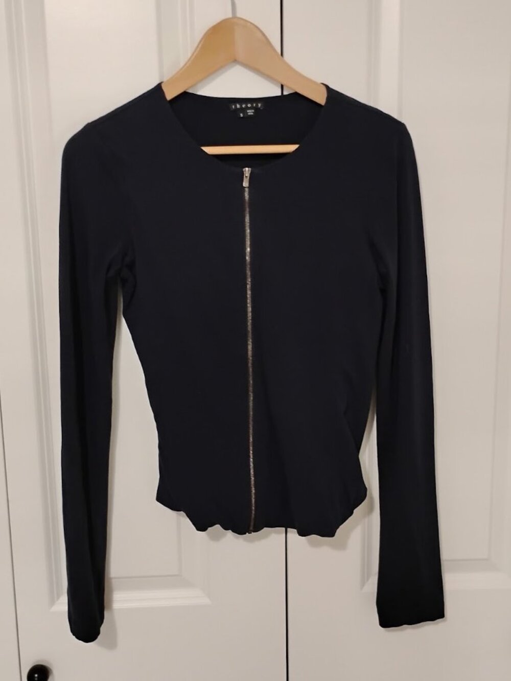 Theory Women's Black Long-Sleeve Cotton-Blend Zip-Up Basic Top Size S